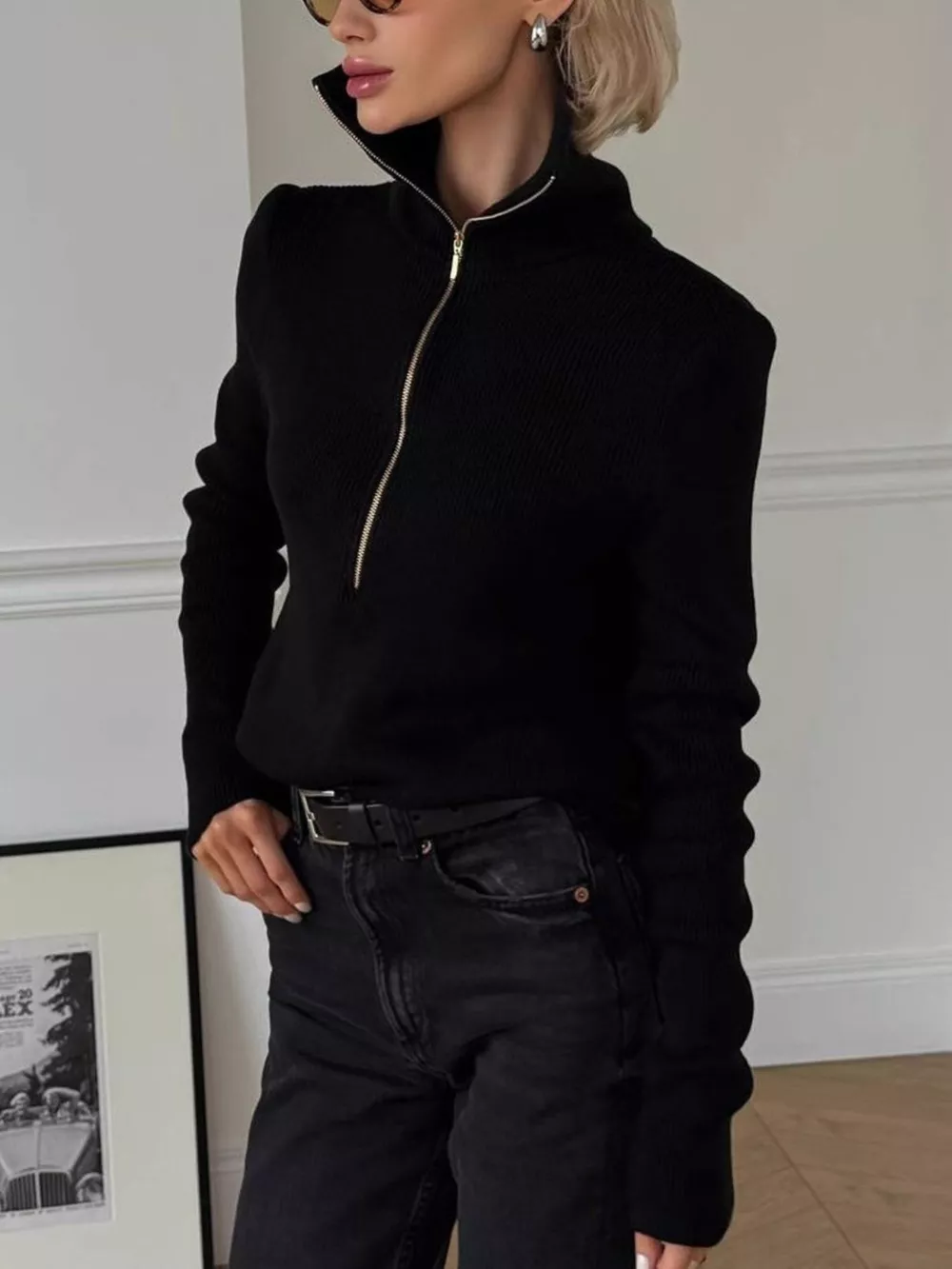 Ribbed Knit Quarter-Zip Sweater, image 9
