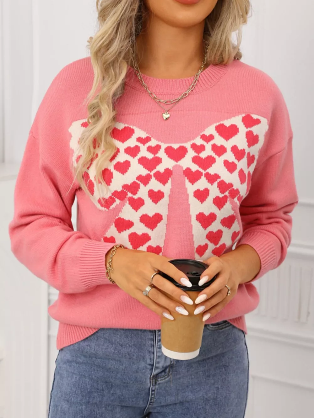 Valentine's Day Heart Bow Round Neck Sweater, image 2