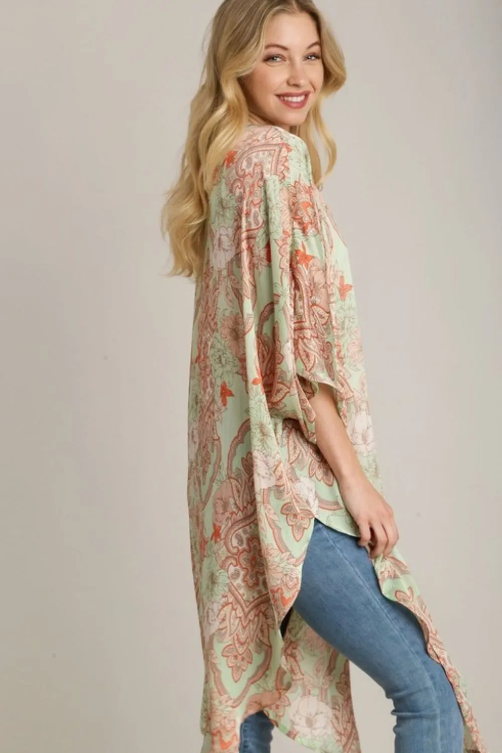Full Size Mixed Print Open Front Kimono with Ruffle Sleeves Plus Size, image 2