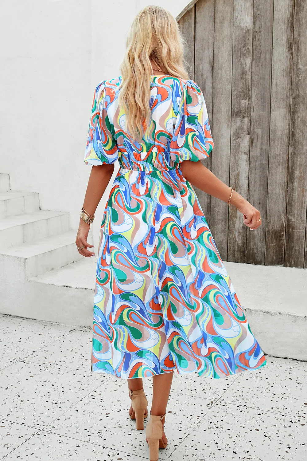 Smocked Printed V-Neck Short Sleeve Dress, image 15