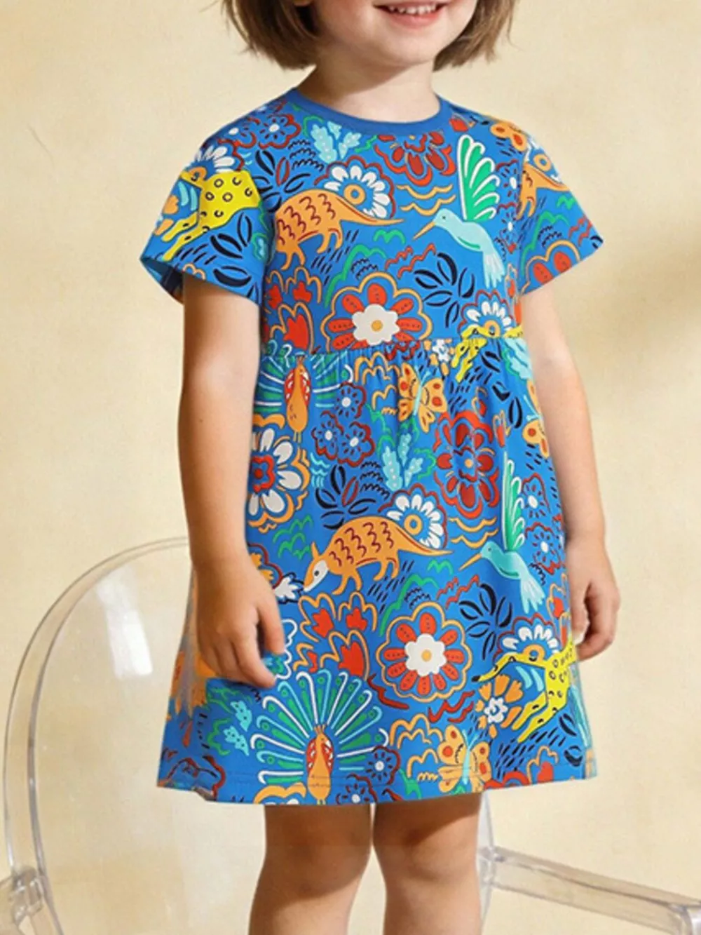 Children's Printed Round Neck Short Sleeve Dress