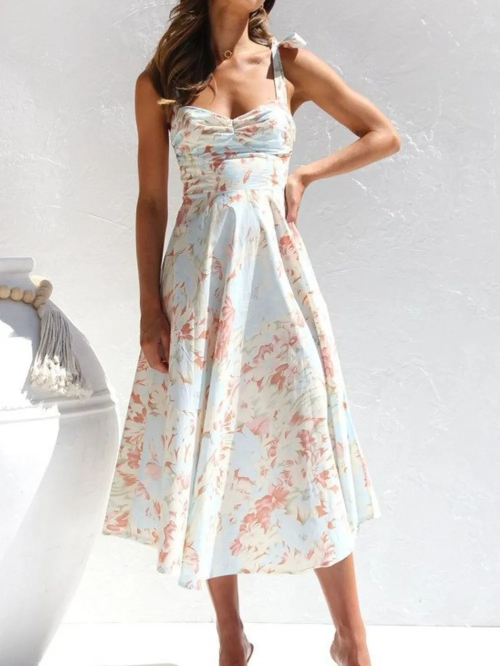 Floral Tie-Strap Sweetheart Neck Midi Dress