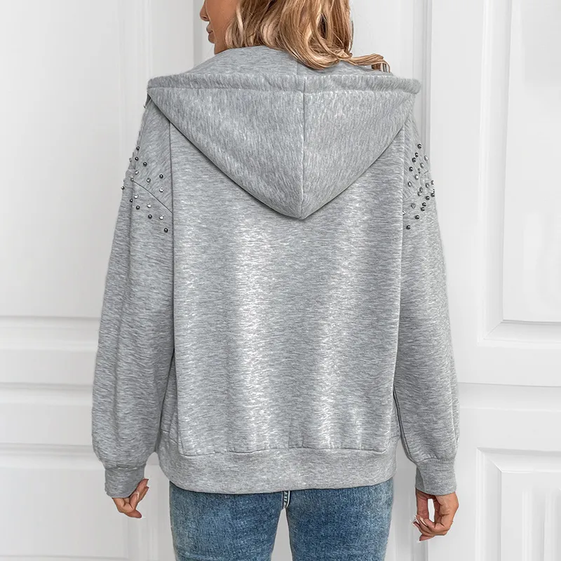 Rhinestone Zip Up Long Sleeve Hoodie, image 5