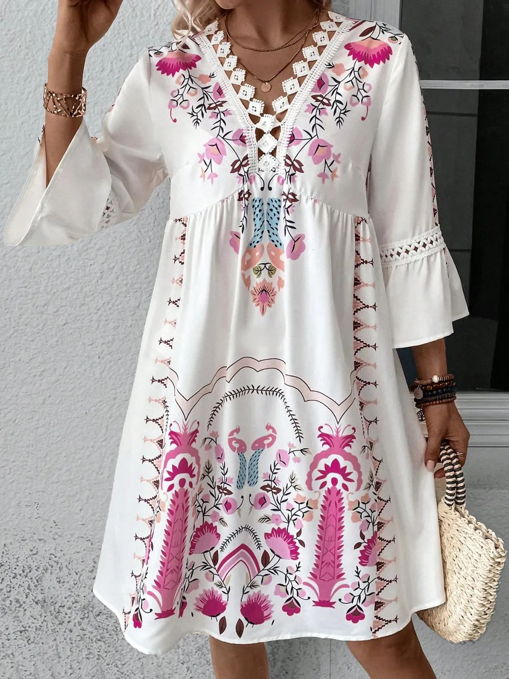 Lace Detail Printed Three-Quarter Sleeve Dress, image 4