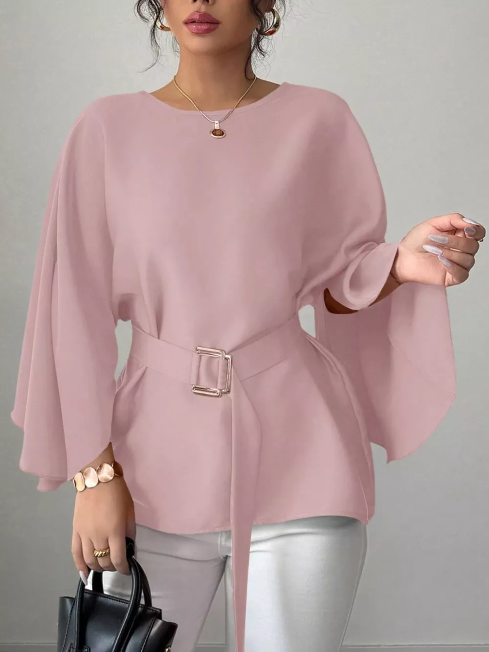 Round Neck Belt Batwing Sleeve Blouse, image 9