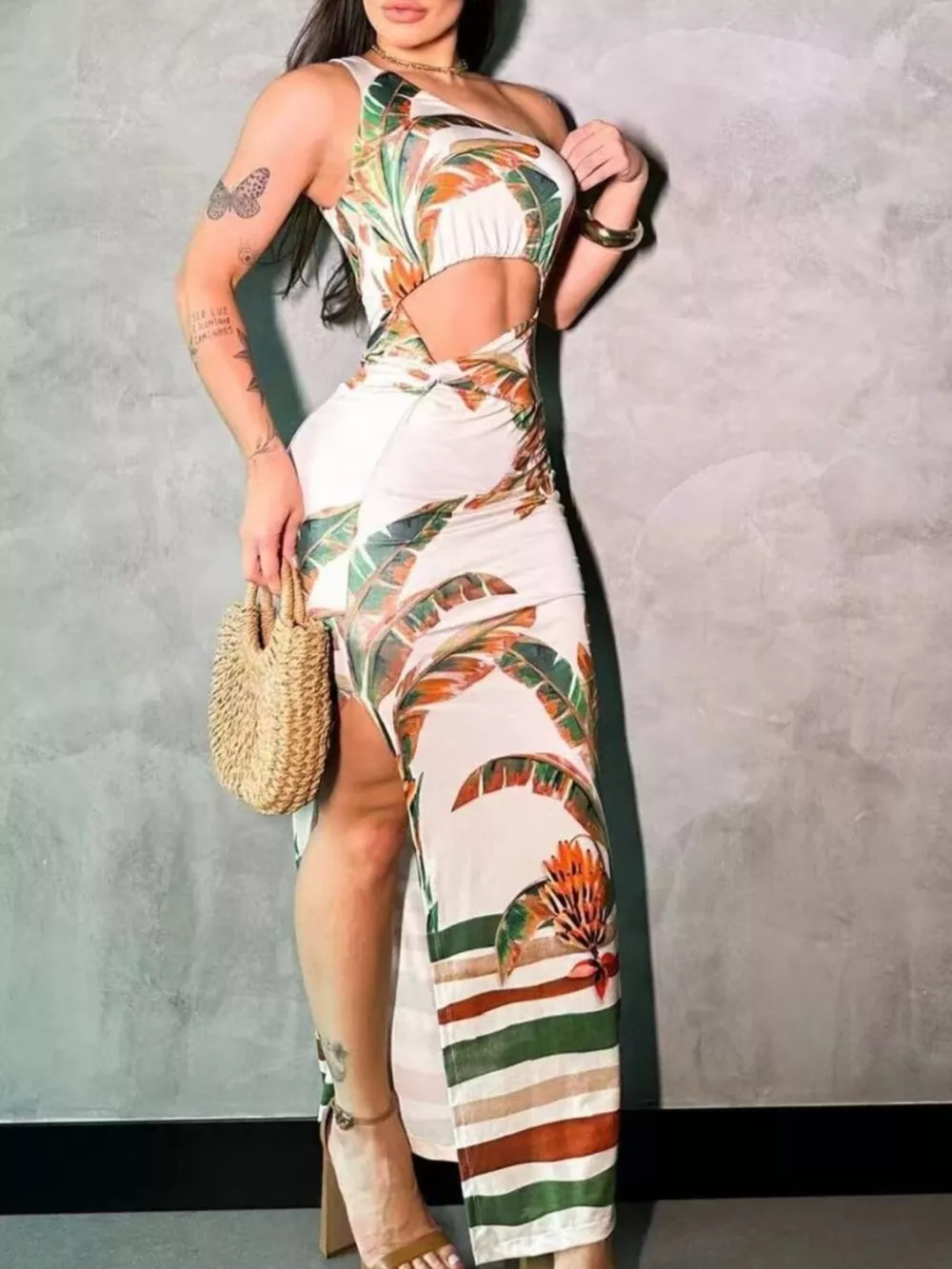 Tropical Print One-Shoulder Cut-Out Maxi Dress, image 2