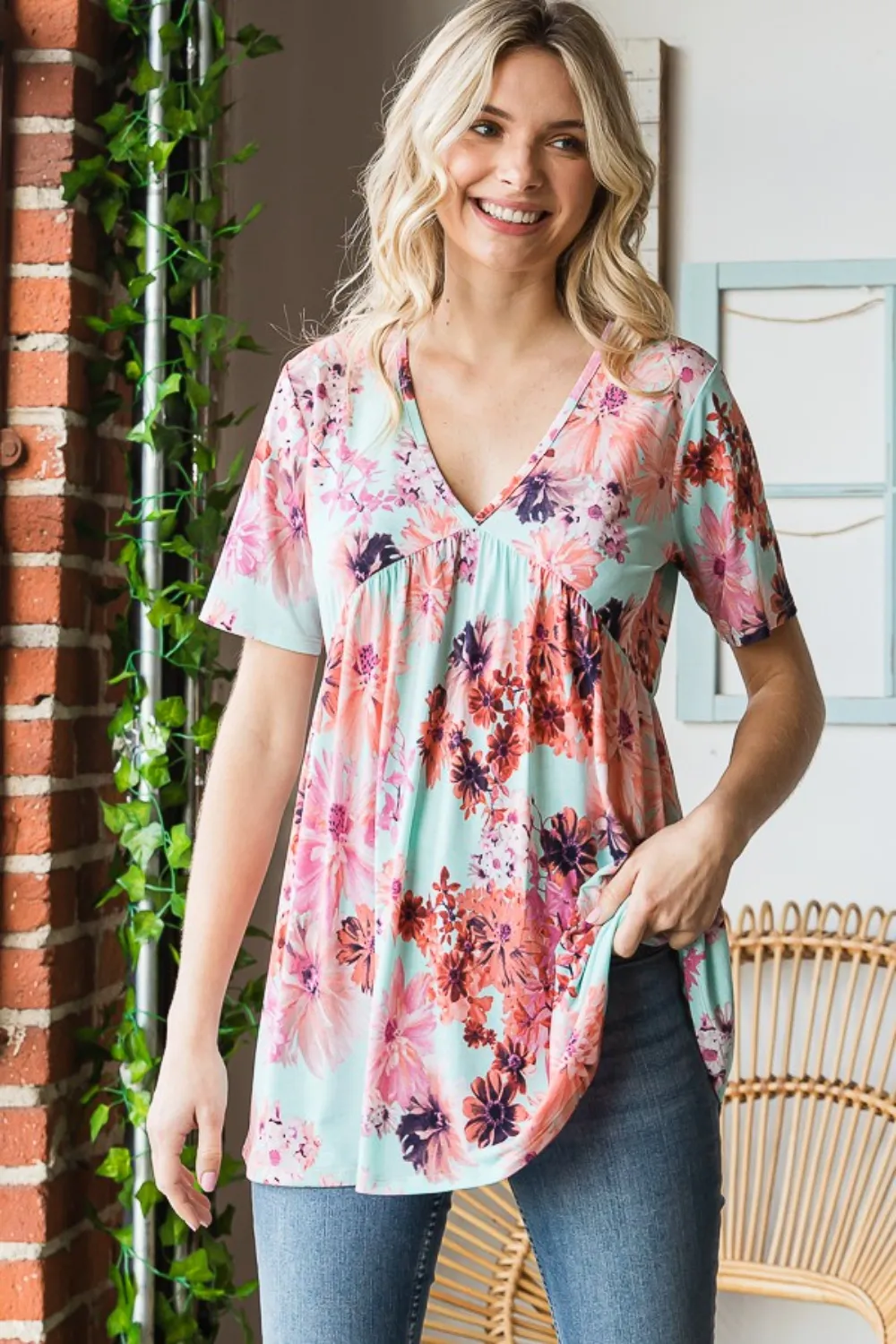 Full Size Floral V-Neck Short Sleeve Babydoll Blouse, image 7