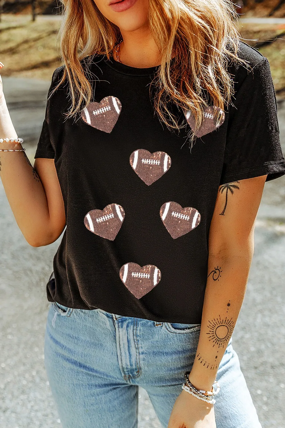 Game Day Football Heart Round Neck T-Shirt, image 2