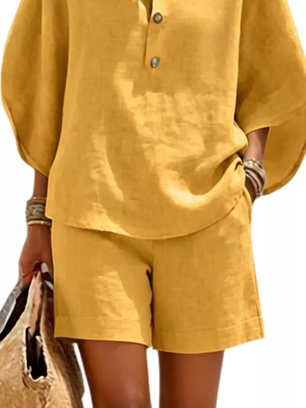 Full Size Button Detail Loose Fit Top and Shorts Set Plus Size, image 18