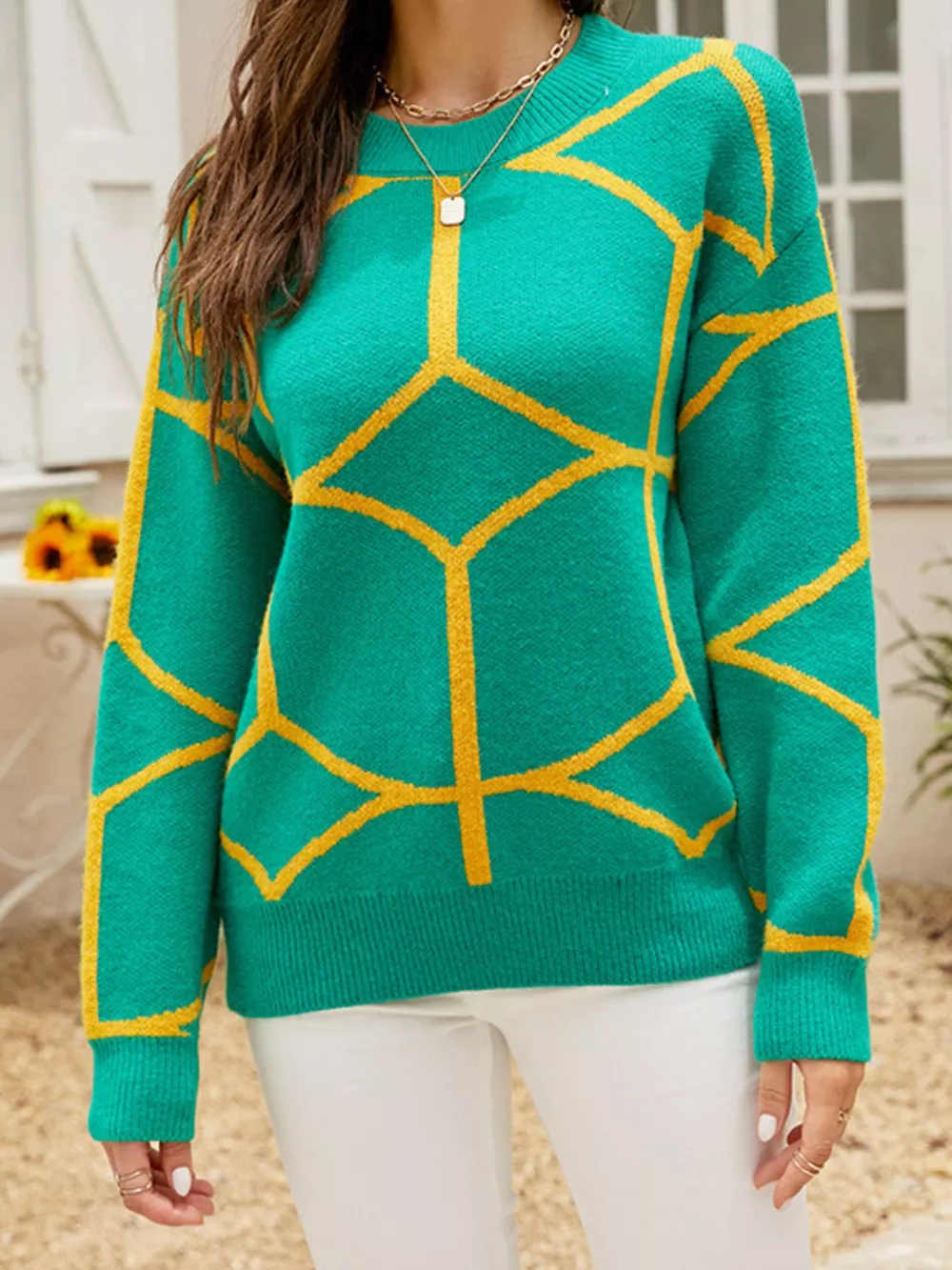 Geometric Pattern Crew Neck Sweater, image 5