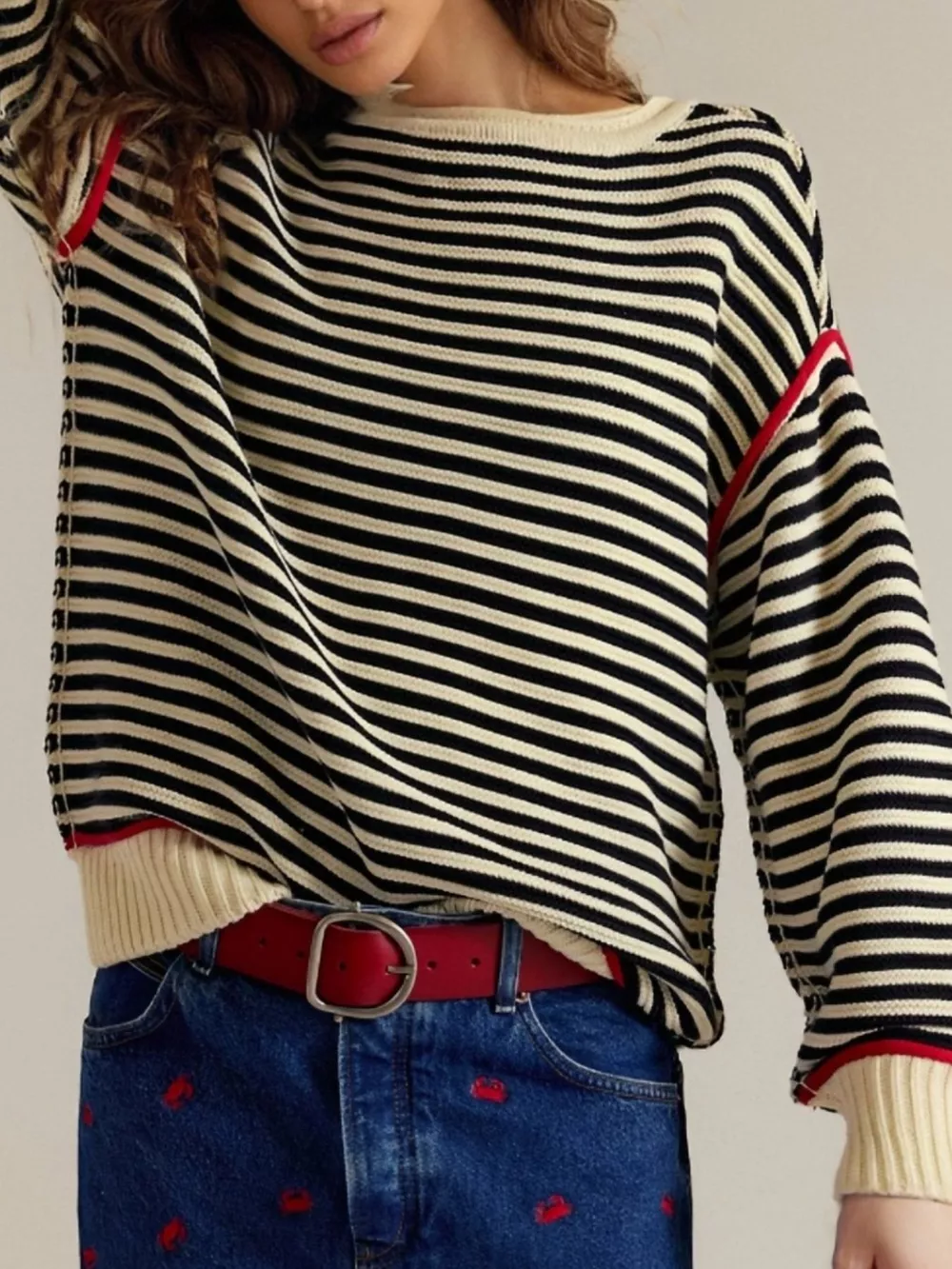 Striped Round Neck Long Sleeve Sweater, image 7