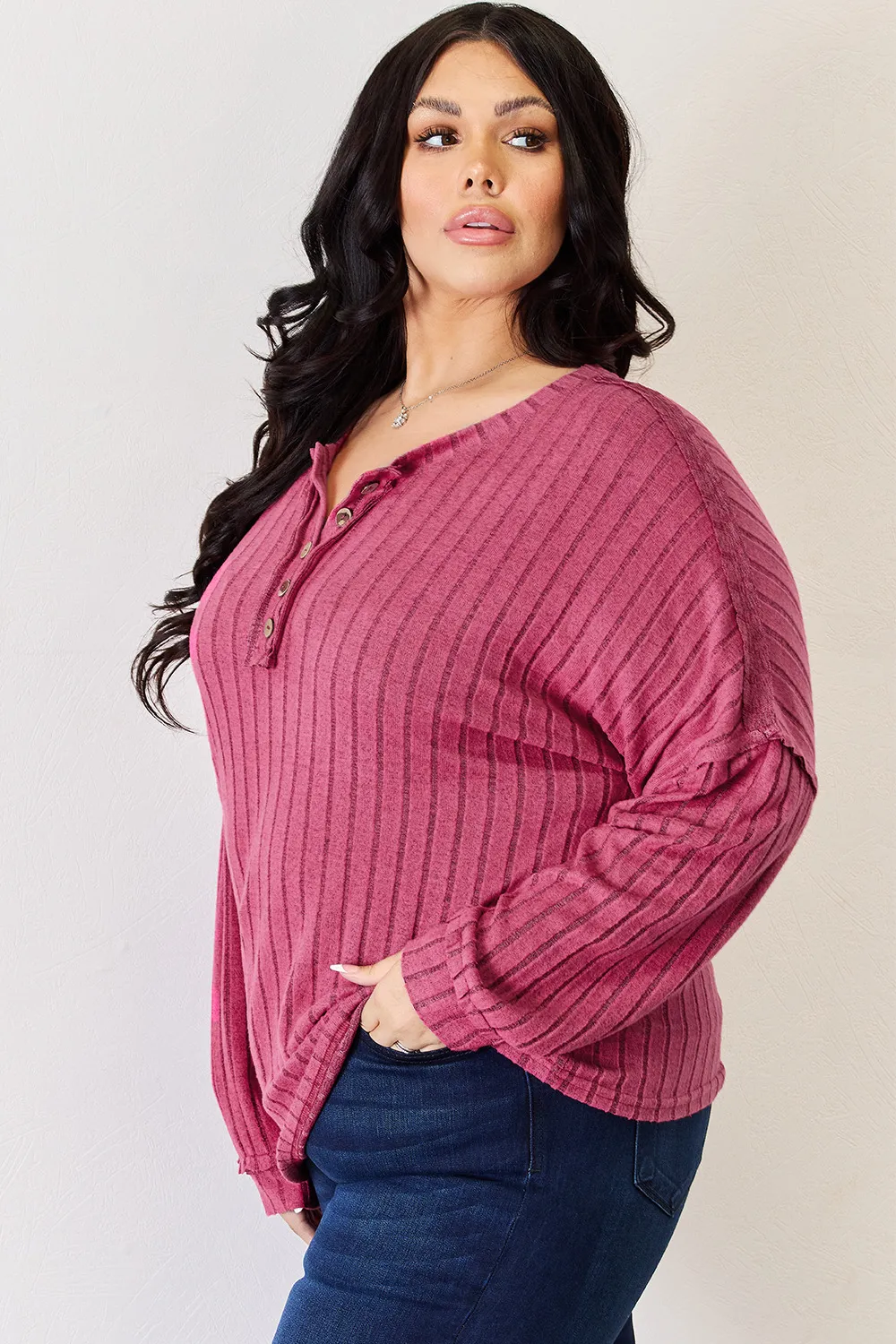 Full Size Ribbed Half Button Long Sleeve High-Low T-Shirt, image 10