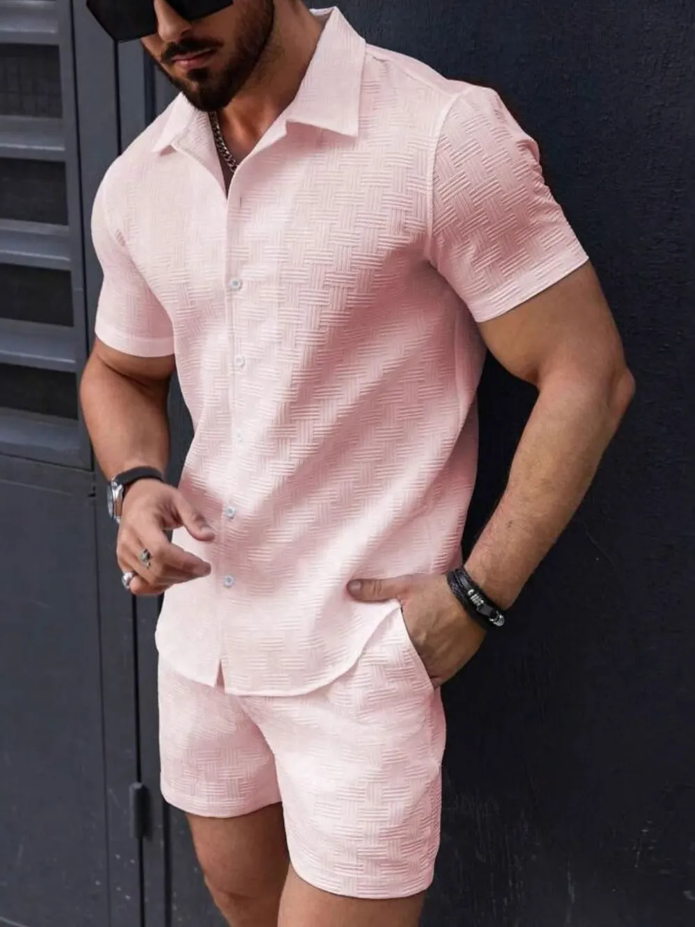 Men's Button Up Short Sleeve Shirt and Shorts Set, image 2