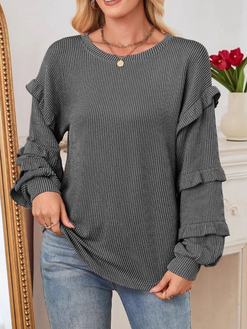 Ruffled Round Neck Long Sleeve Sweatshirt, image 5
