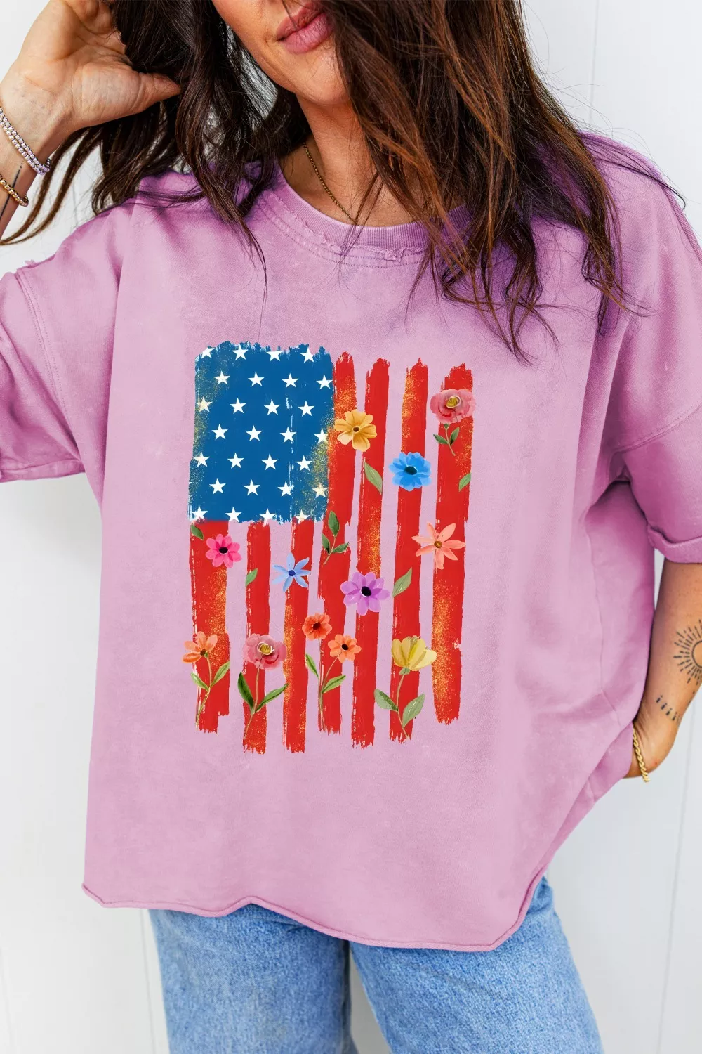Floral American Flag Printed Raw Edge Cotton Tee, image 3
