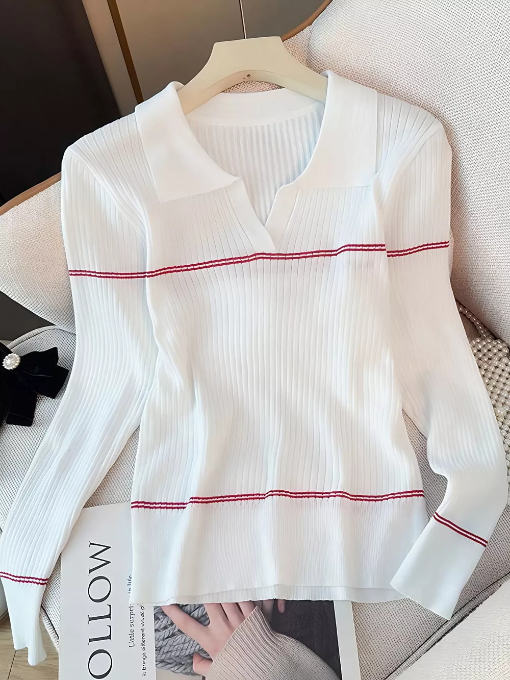 Ribbed Knit Top with Contrast Shawl, image 3