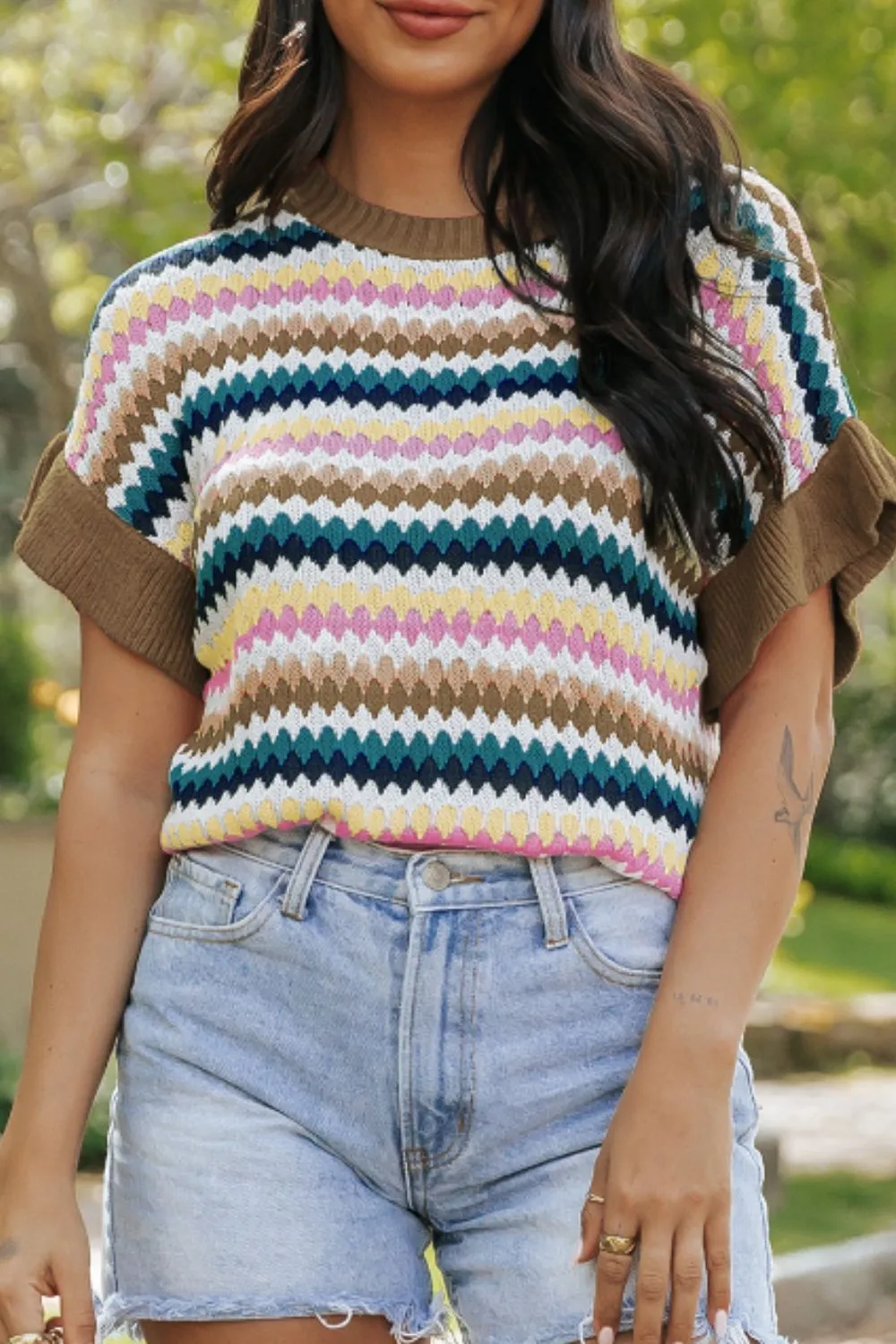 Contrast Round Neck Short Sleeve Sweater, image 7