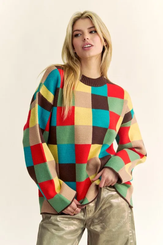 Color Block Checkered Dropped Shoulder Sweater, image 2