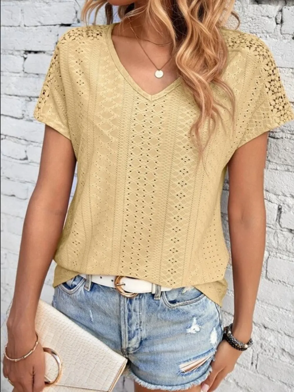 Eyelet V-Neck Short Sleeve T-Shirt, image 9