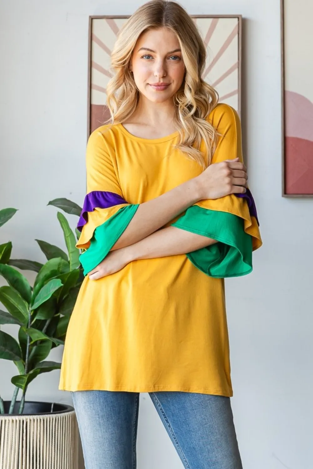 Full Size Round Neck Color Block Ruffled Half Sleeve Top Plus Size, image 3