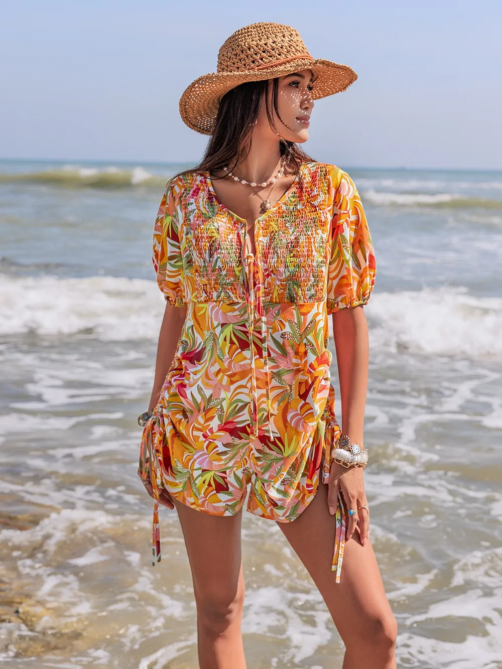 Smocked Printed Tie Neck Romper, image 3