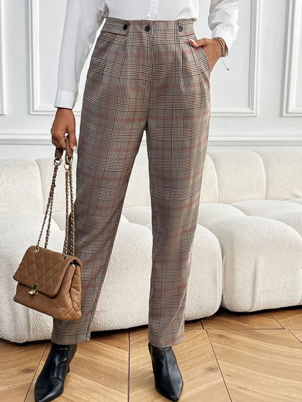 Plaid Straight Pants with Pockets, image 5
