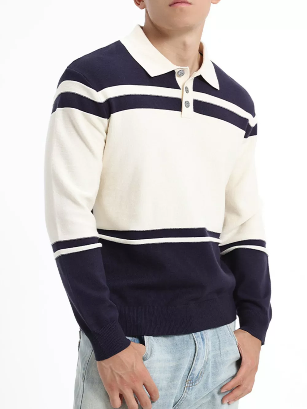 Men's Plus Size Color-Block Striped Polo Collar Sweater, image 4