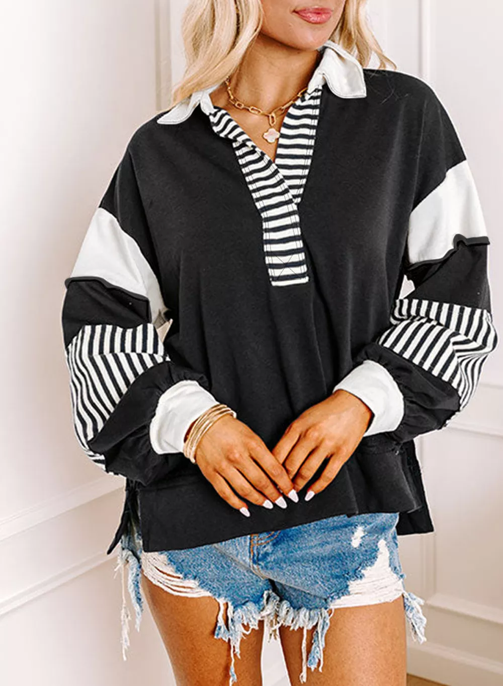 Color Block Striped Johnny Collar Sweatshirt, image 5
