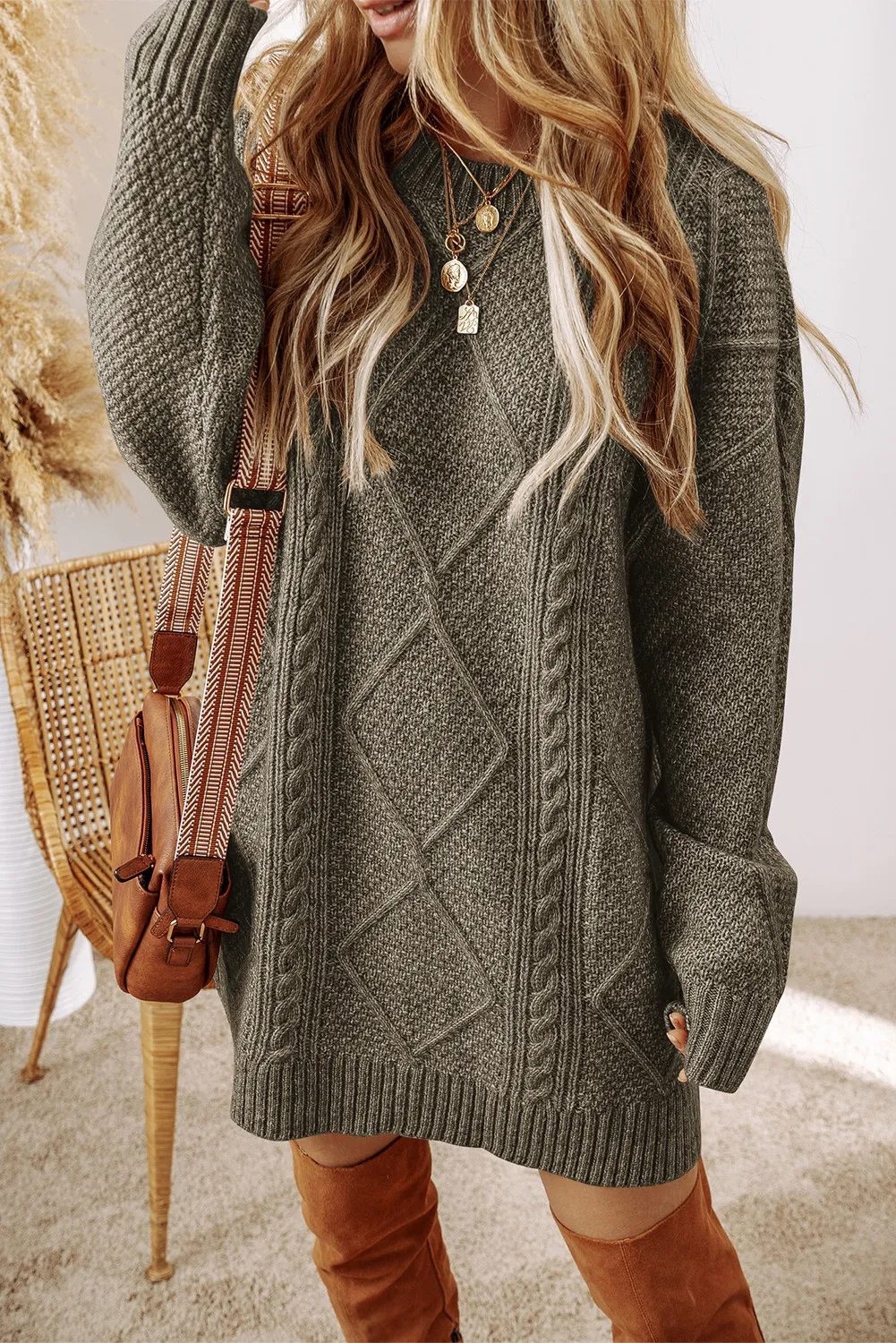 Cable-Knit Round Neck Sweater Dress, image 7