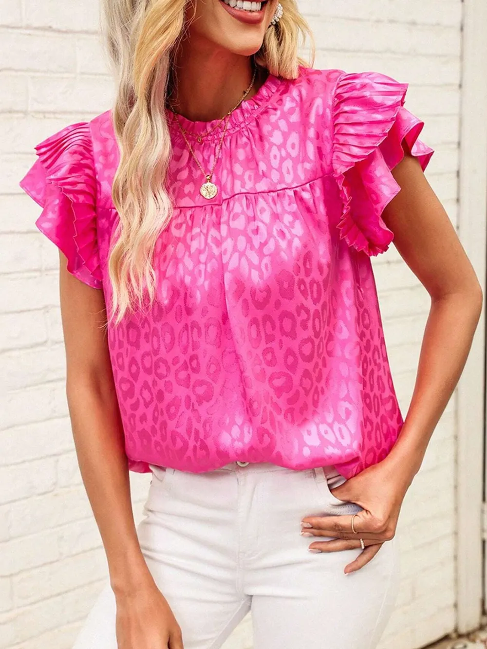 Leopard Frill Mock Neck Ruffled Cap Sleeve Top, image 2