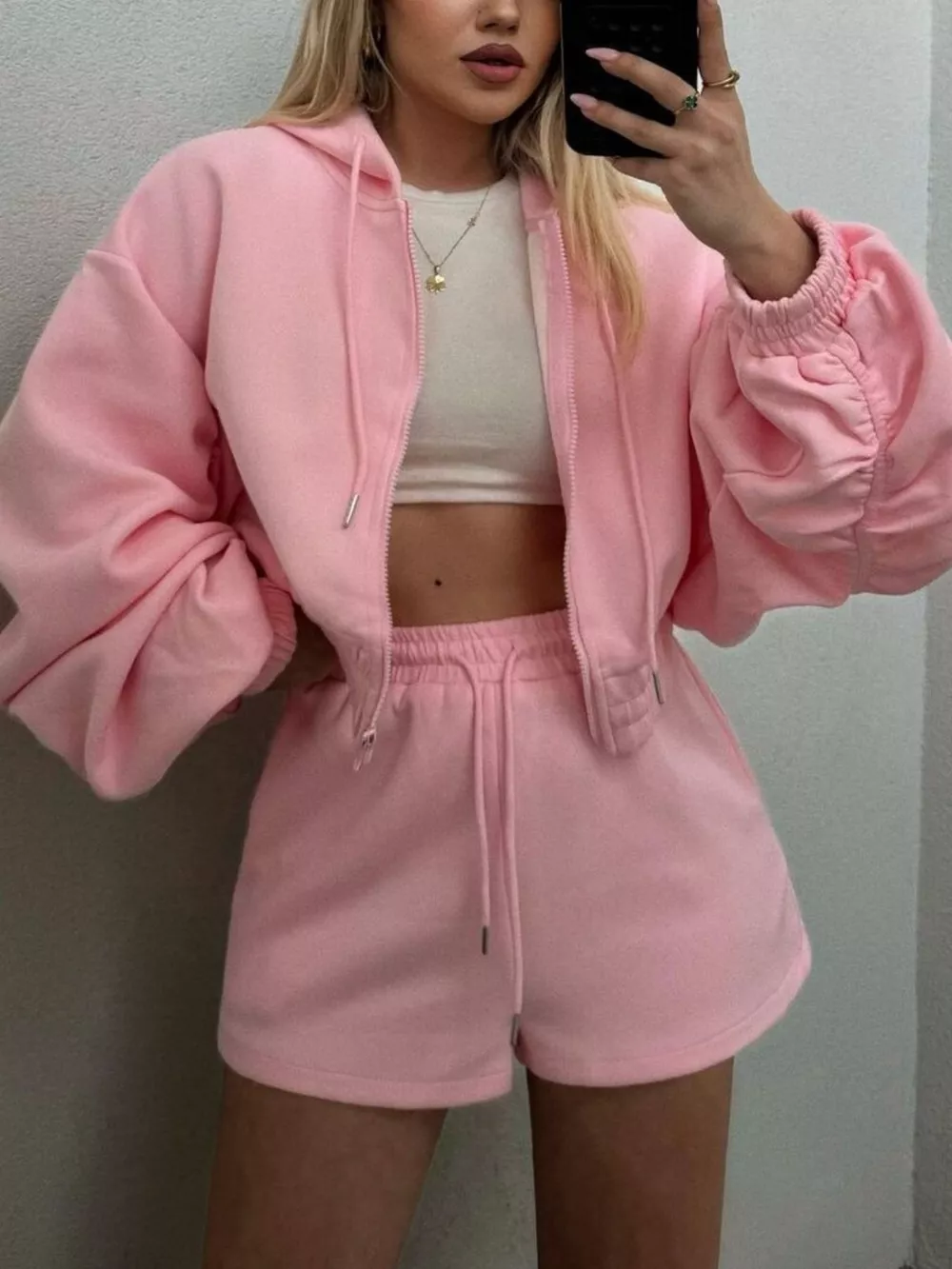 Zip-Up Jacket and High-Waisted Drawstring Shorts Set, image 7