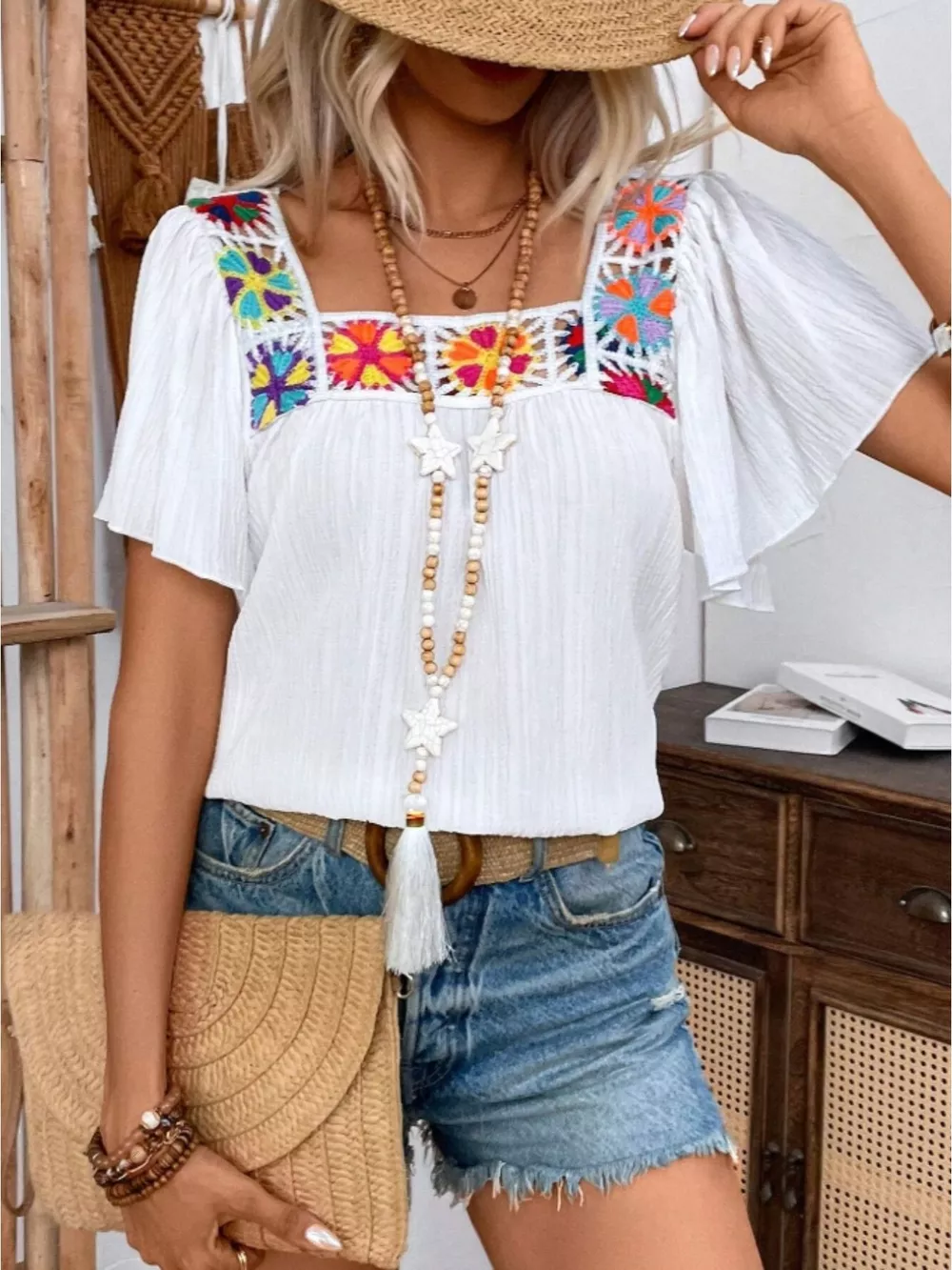 Embroidered Square Neck Flutter Sleeve Blouse, image 18