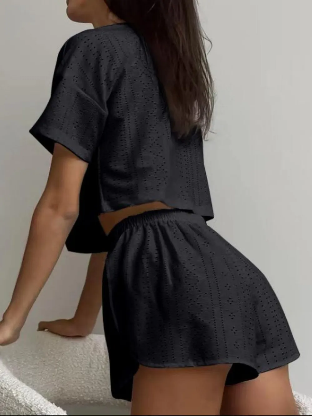Eyelet Round Neck Top and Shorts Set, image 9
