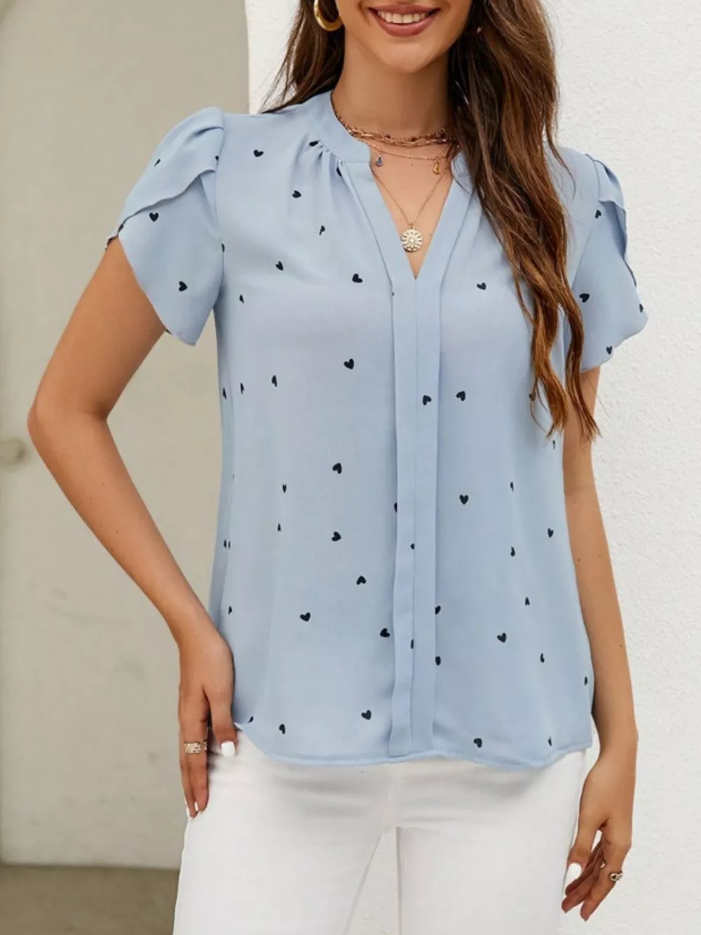 Heart Print Petal Sleeve Blouse, image 6
