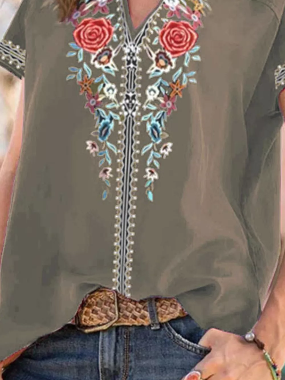 Full Size Floral Notched Short Sleeve Blouse Plus Size, image 9