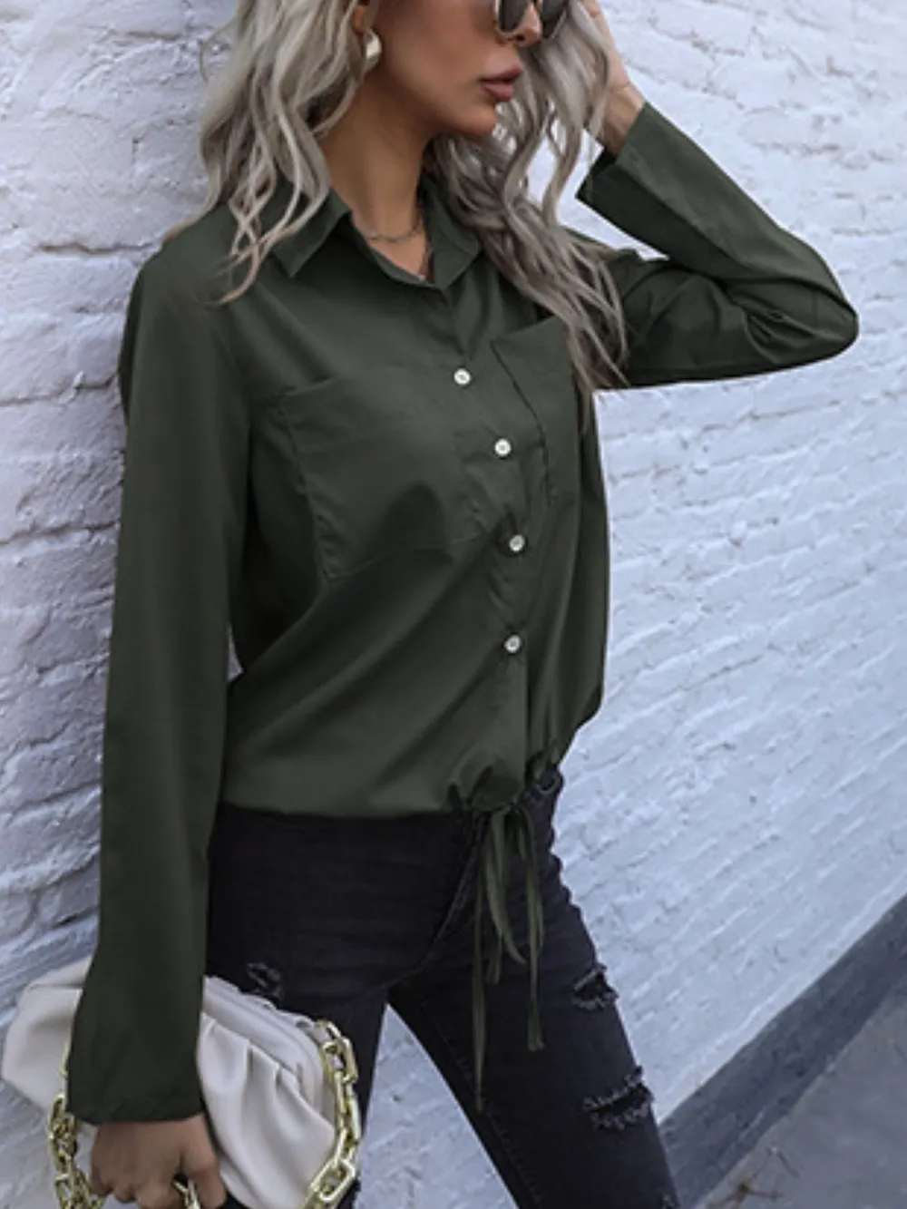 Tied Hem Button Down Long Sleeve Shirt, image 3
