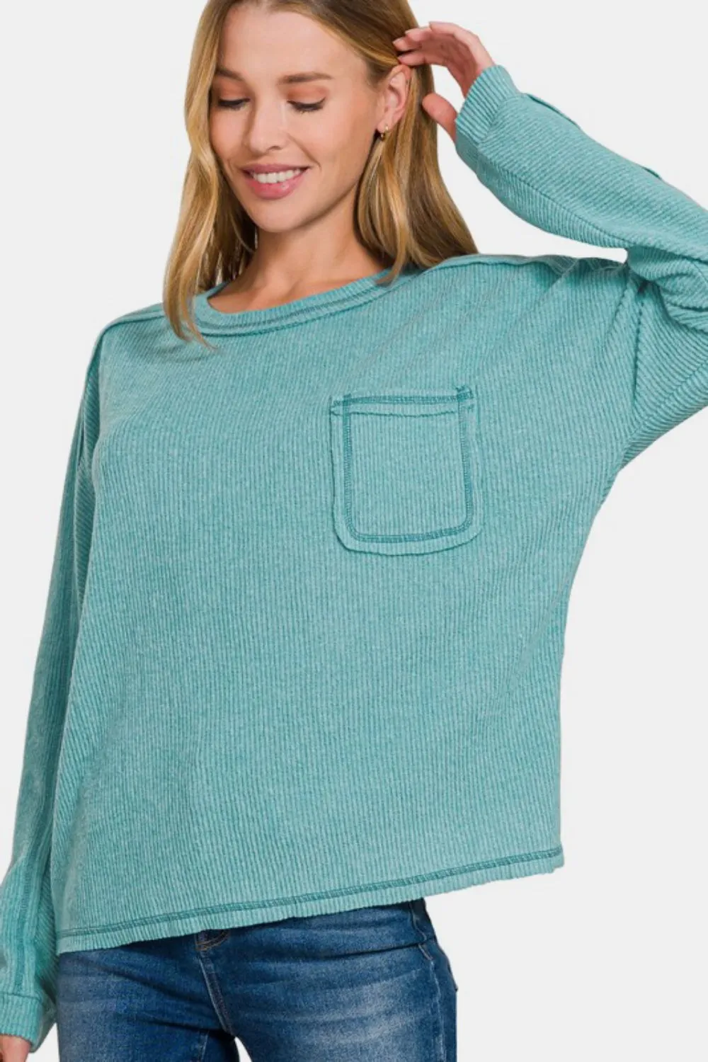 Full Size Contrast Stitching Brushed Ribbed Hacci Knit Top Plu Size