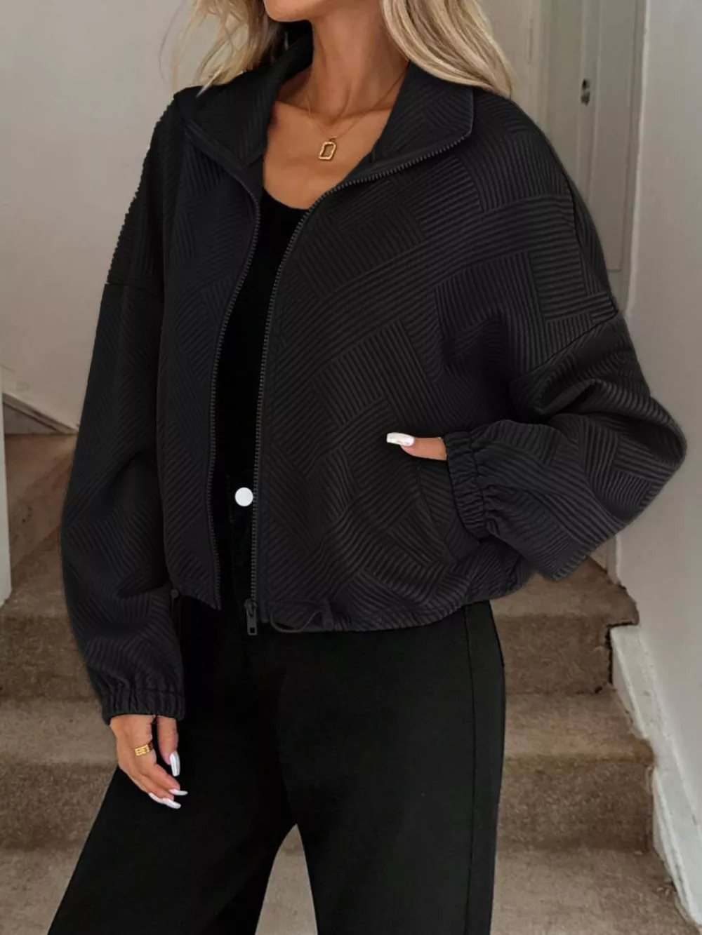 Textured Zip-Up Drawstring Hem Jacket, image 8