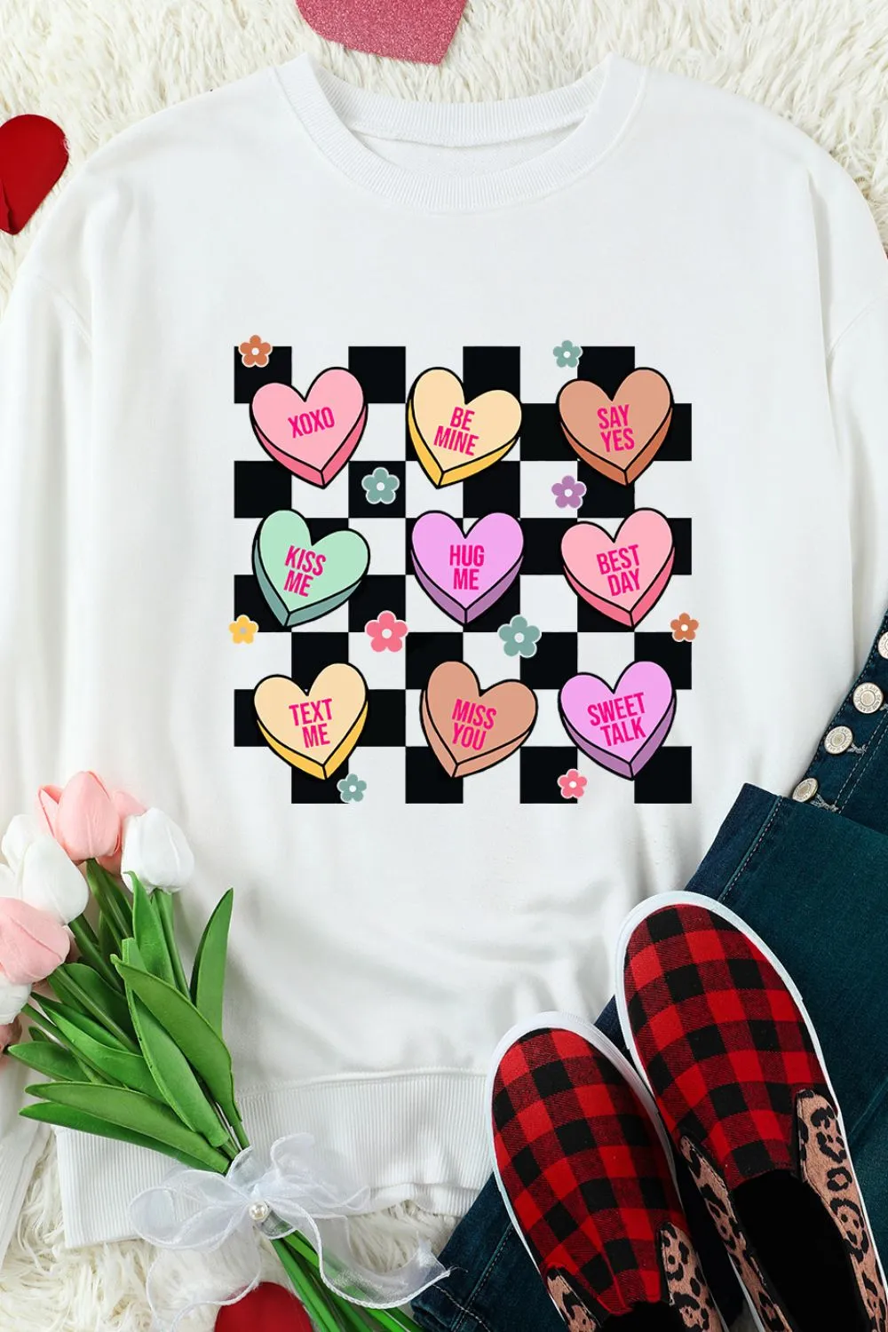 Valentine's Day Checkered Heart Long Sleeve Sweatshirt, image 4