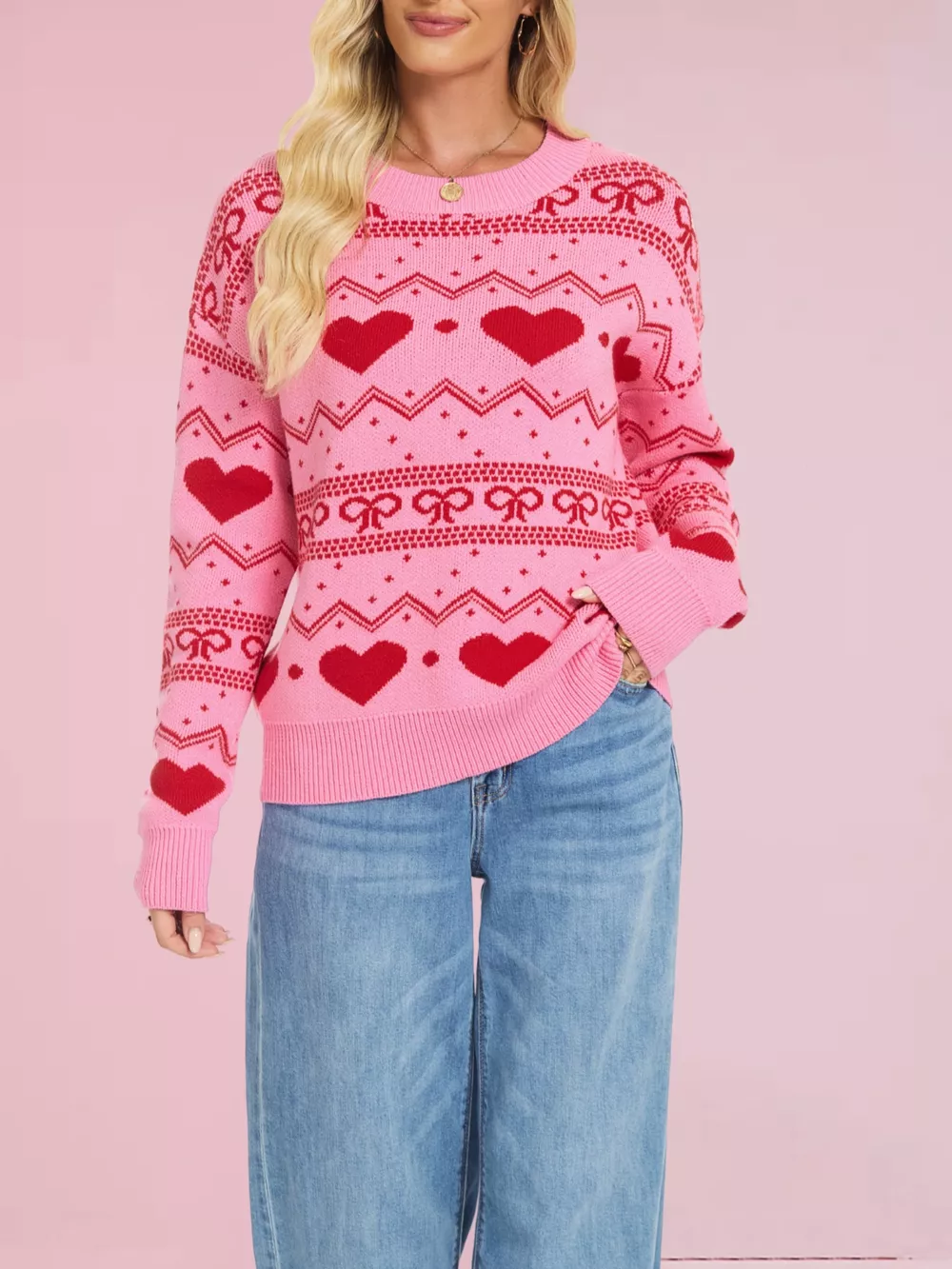 Heart & Bow Pattern Round Neck Sweater, image 8