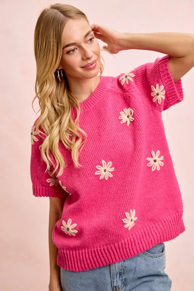 Flower Embroidered Short Sleeves Knit Top, image 4