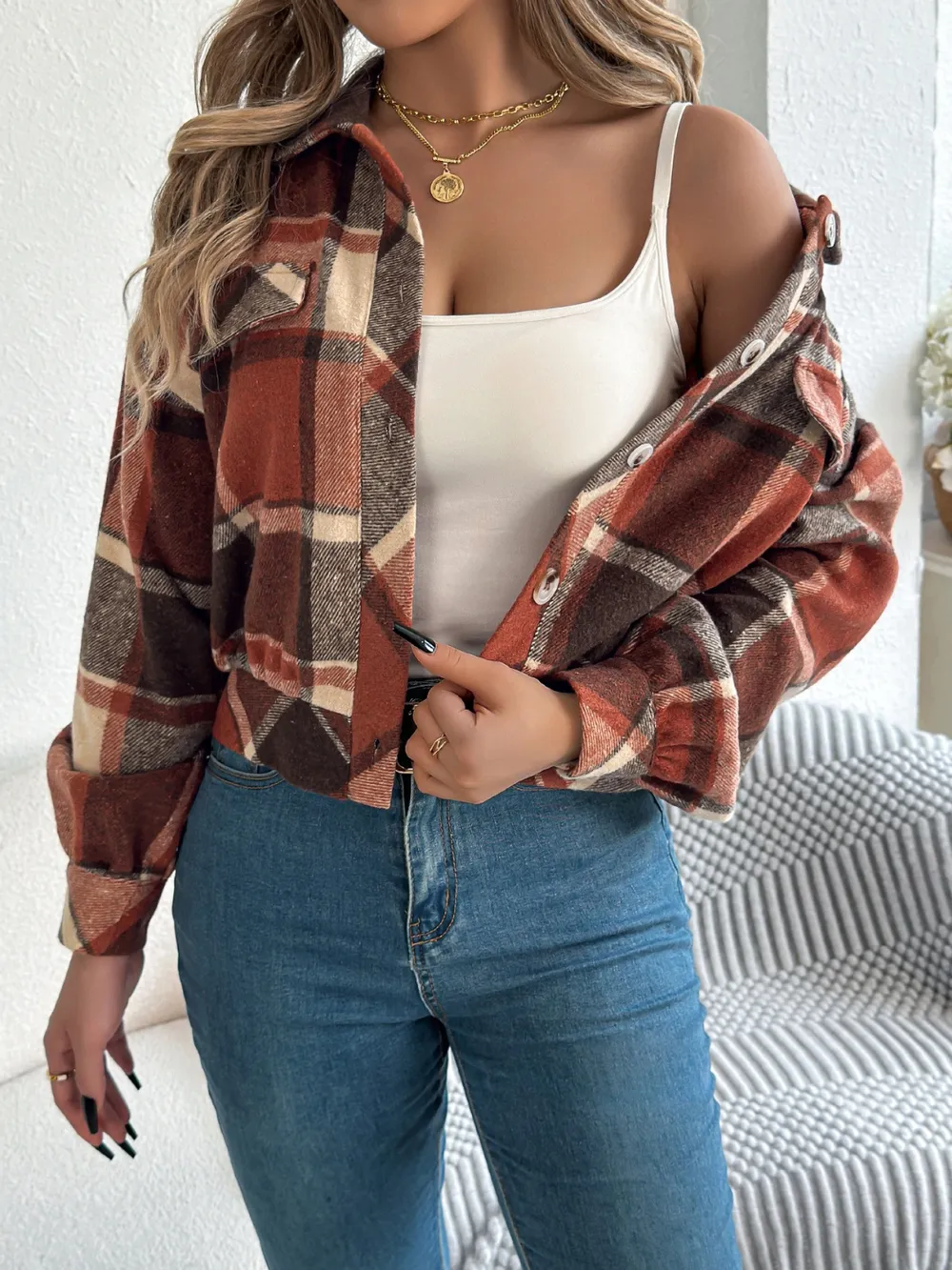 Plaid Button Up Long Sleeve Jacket, image 4