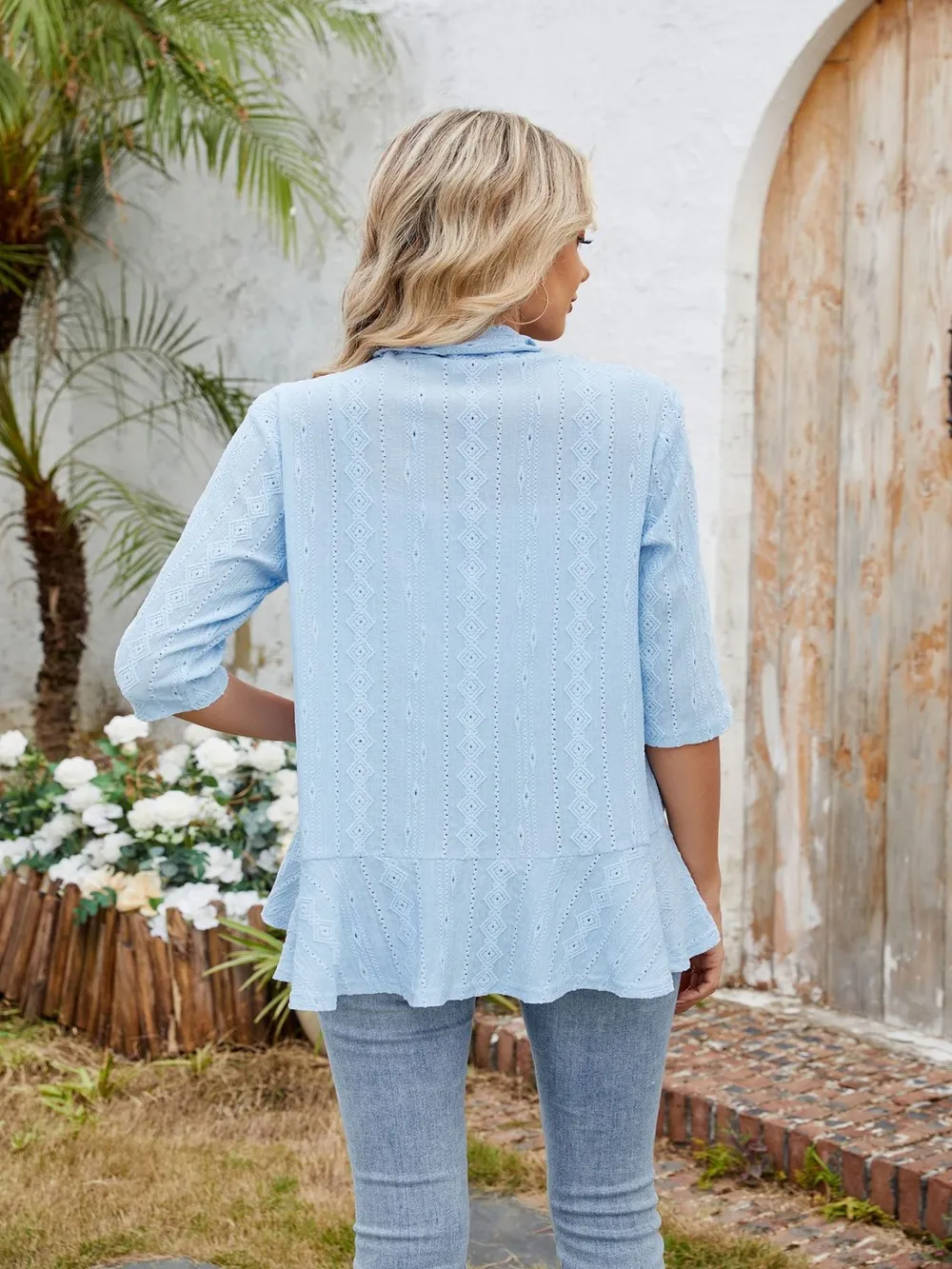 Eyelet Open Front Three-Quarter Sleeve Top, image 5