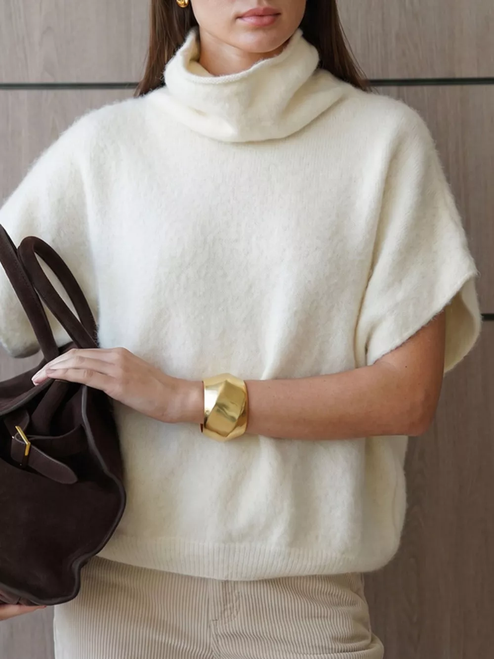 Turtleneck Fuzzy Short Sleeve Sweater, image 2