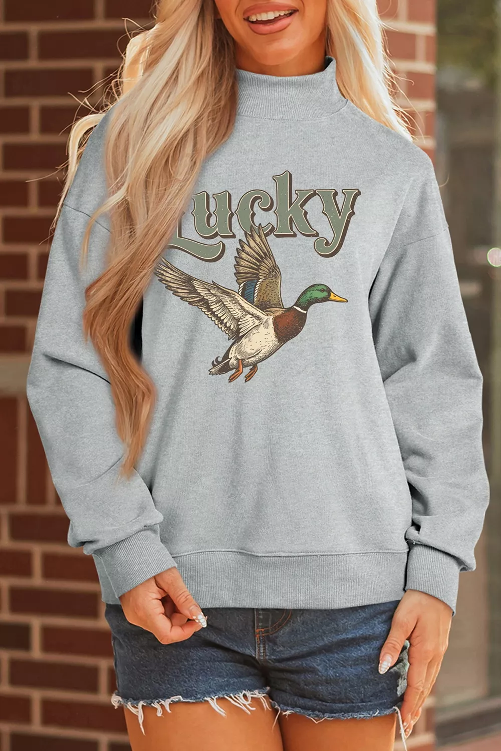 Lucky Mallard Graphic Mock Neck Casual Sweatshirt, image 5