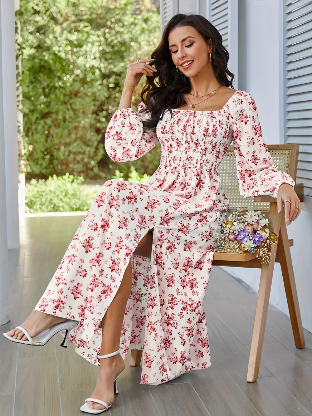Slit Smocked Floral Square Neck Balloon Sleeve Midi Dress, image 5