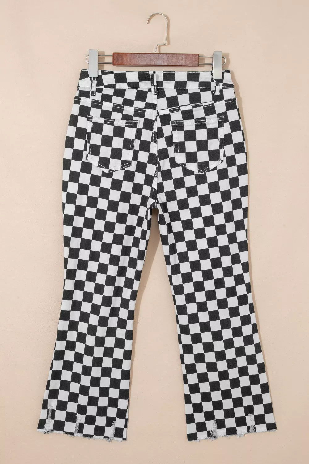 Checkerboard Print Distressed Holes Raw Edge Cropped Jeans, image 5