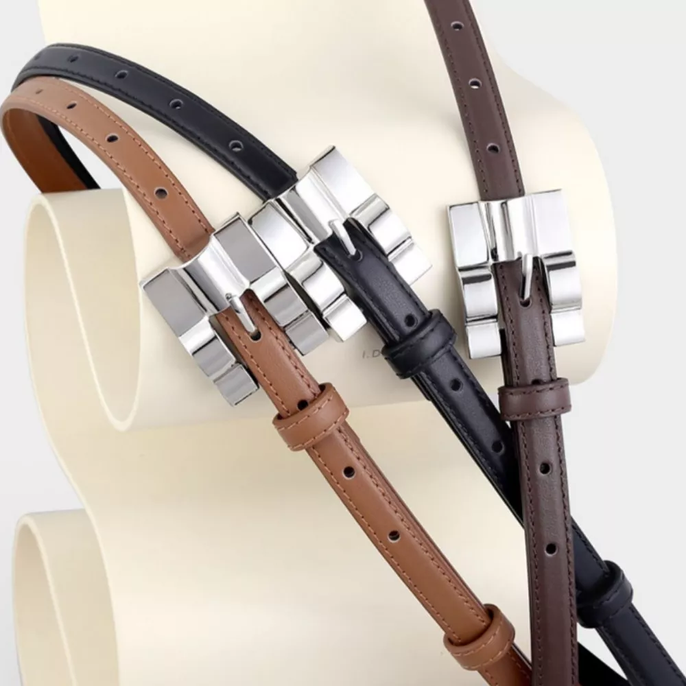 Skinny Leather Belt with Silver Buckle, image 2