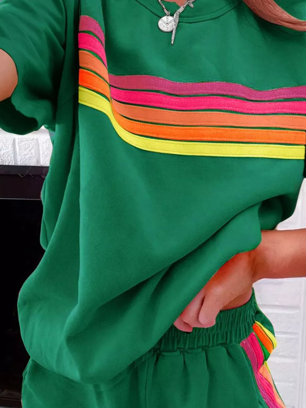 Rainbow Striped Round Neck Top and Shorts Set, image 6