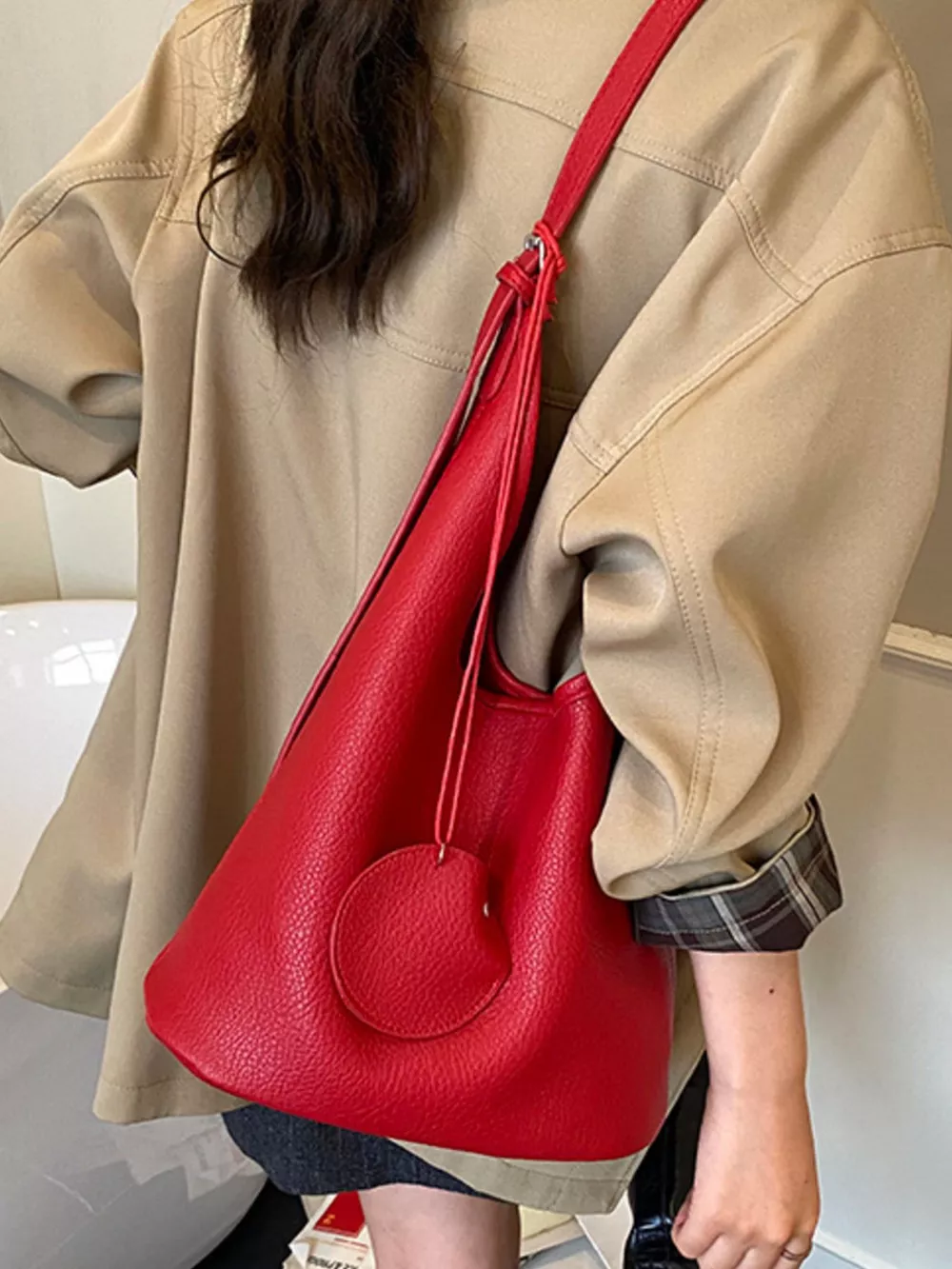 Solid Color Leather Handbag, image 8